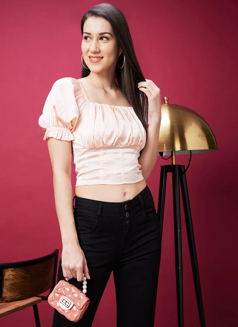 globus Globus Women Square Neck Puff Sleeves Smocked Crop Blouson Top